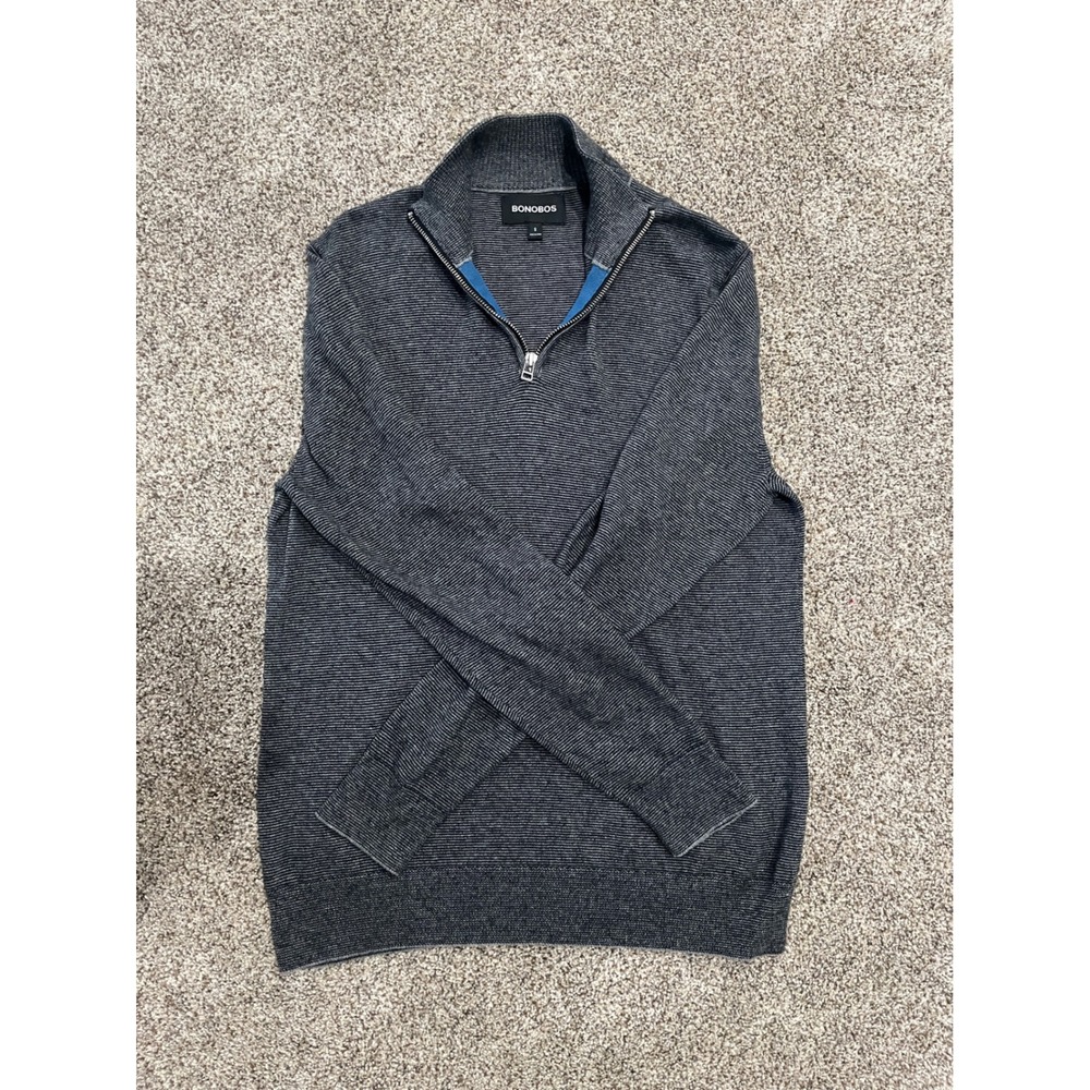 Bonobos‎ Mens Quarter Zip Sweater Small Grey Striped Cotton Cashmere Pullover